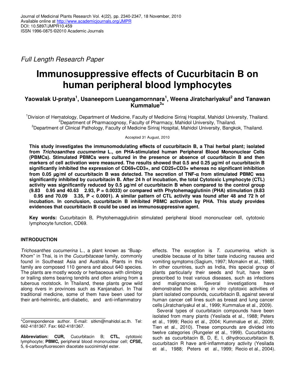 Immunosuppressive Effects of Cucurbitacin B on Human Peripheral Blood Lymphocytes