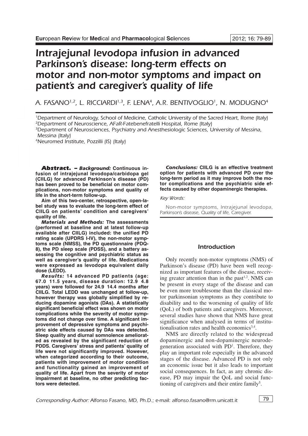 Intrajejunal Levodopa Infusion in Advanced Parkinson's Disease