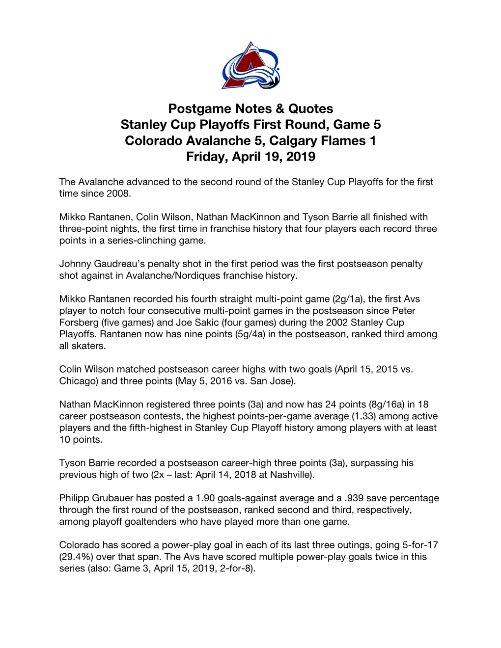 Postgame Notes & Quotes Stanley Cup Playoffs First Round, Game 5