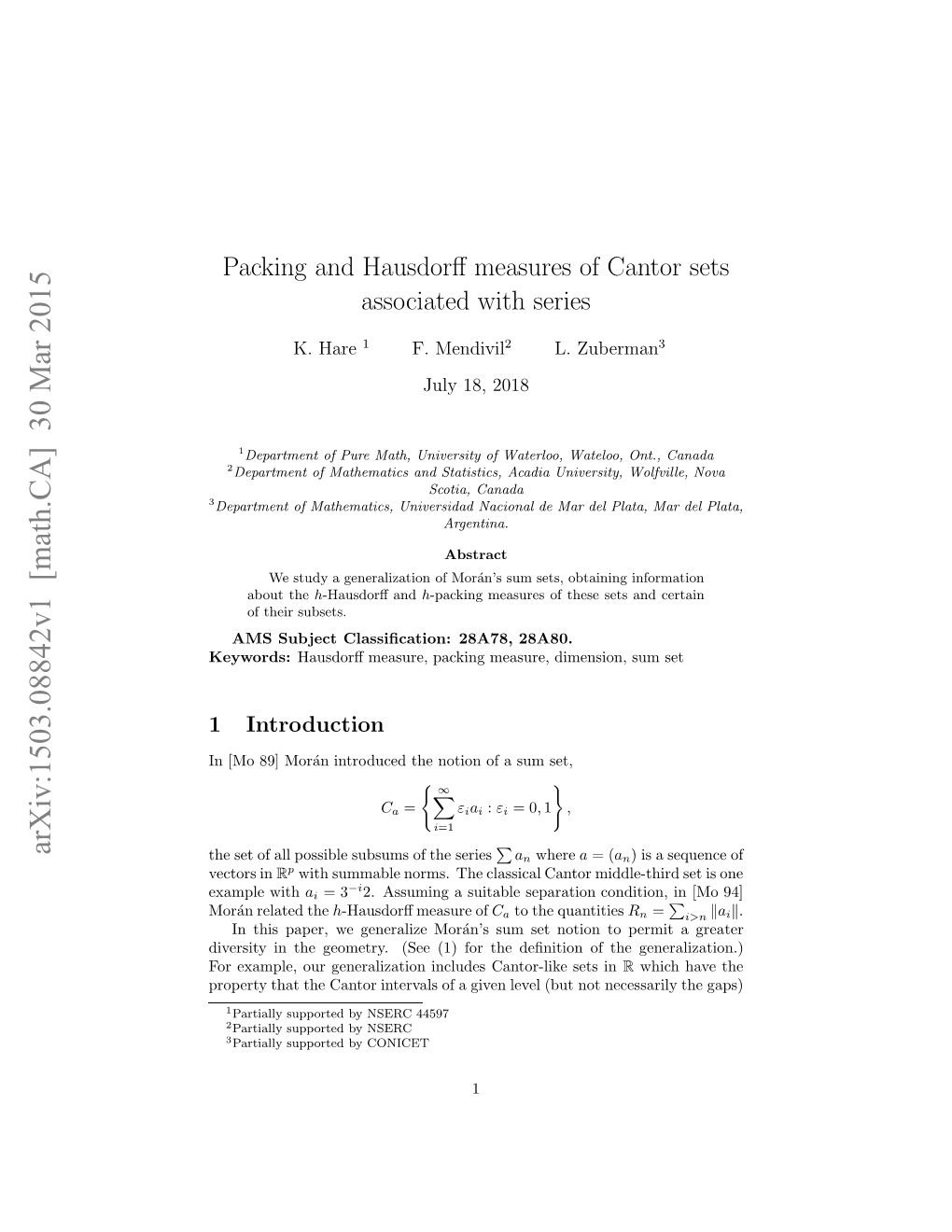 Packing and Hausdorff Measures of Cantor Sets Associated with Series