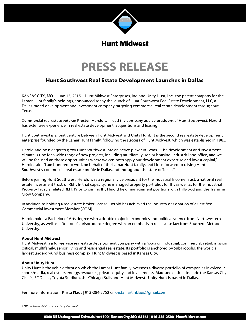 PRESS RELEASE Hunt Southwest Real Estate Development Launches in Dallas