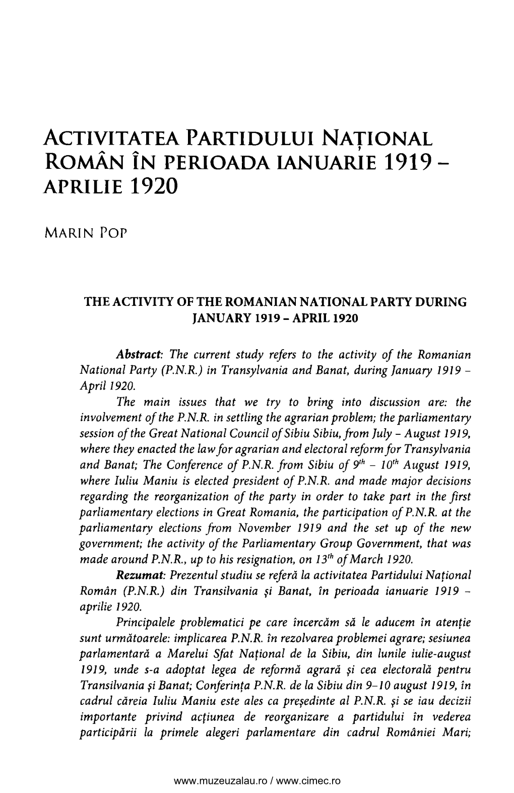 Activitatea Partidului National Roman in Perioada