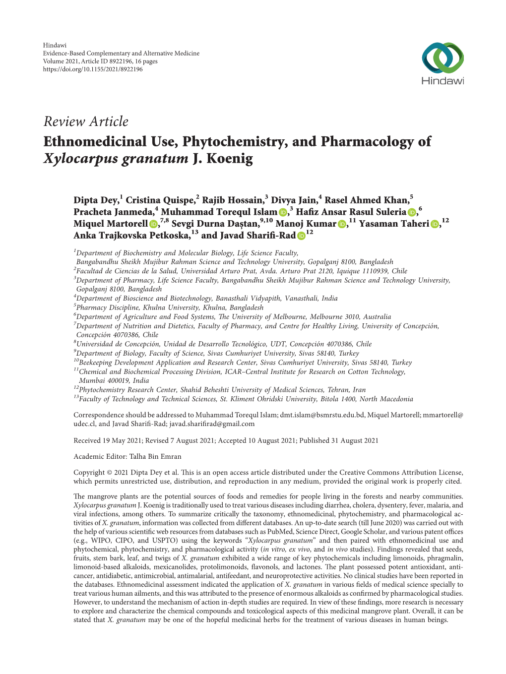 Review Article Ethnomedicinal Use, Phytochemistry, and Pharmacology of Xylocarpus Granatum J