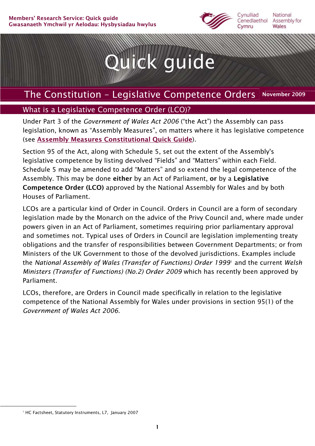 The Constitution – Legislative Competence Orders November 2009