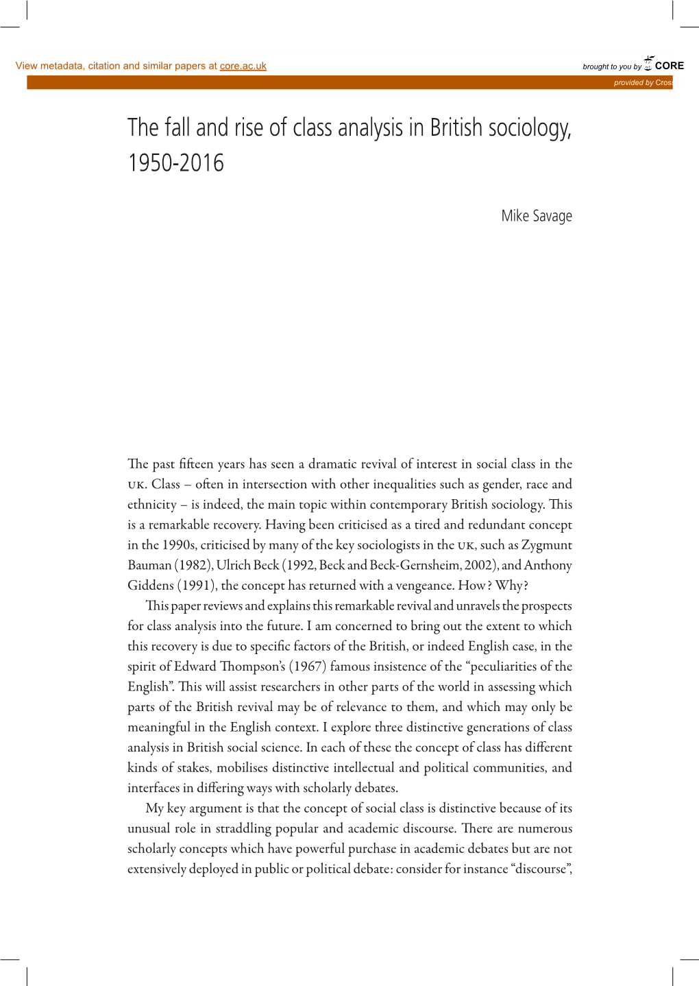 The Fall and Rise of Class Analysis in British Sociology, 1950-2016