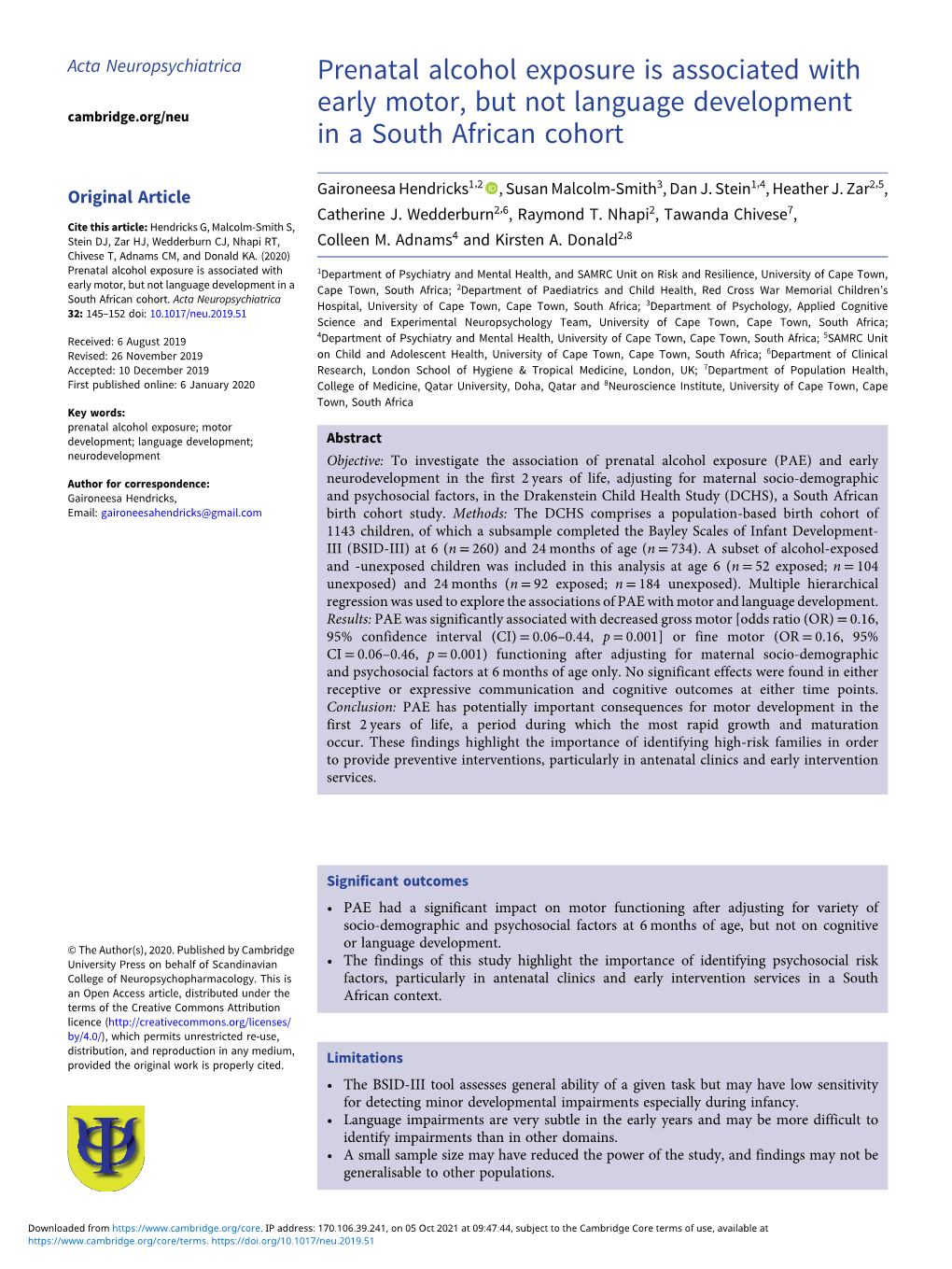 Prenatal Alcohol Exposure Is Associated with Early Motor, but Not