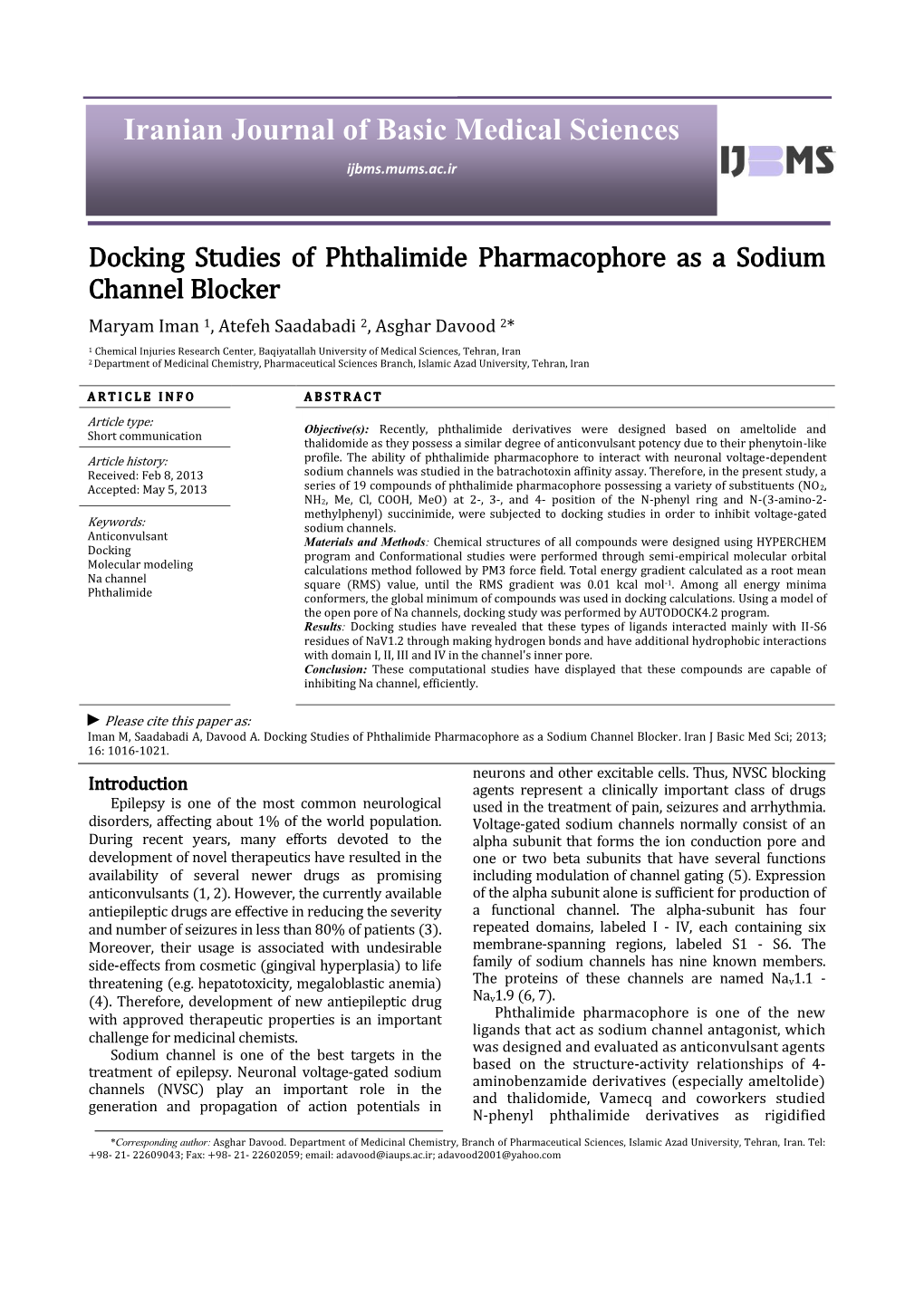 Docking Studies of Phthalimide Pharmacophore As a Sodium Channel Blocker