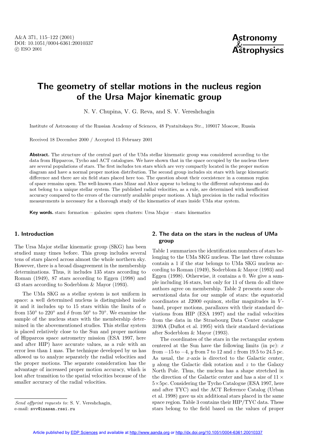 The Geometry of Stellar Motions in the Nucleus Region of the Ursa Major Kinematic Group