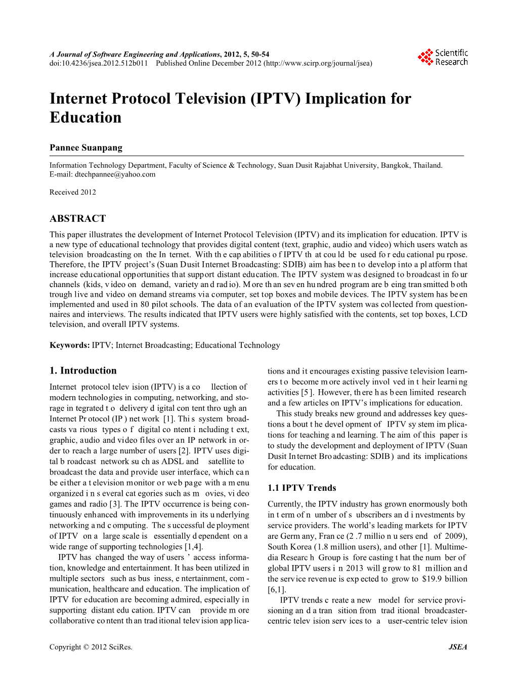 Internet Protocol Television (IPTV) Implication for Education