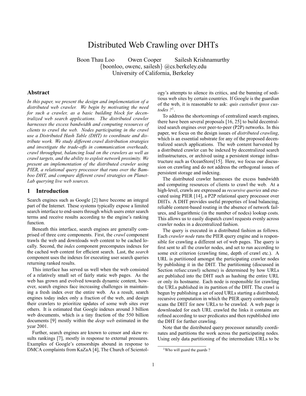 Distributed Web Crawling Over Dhts