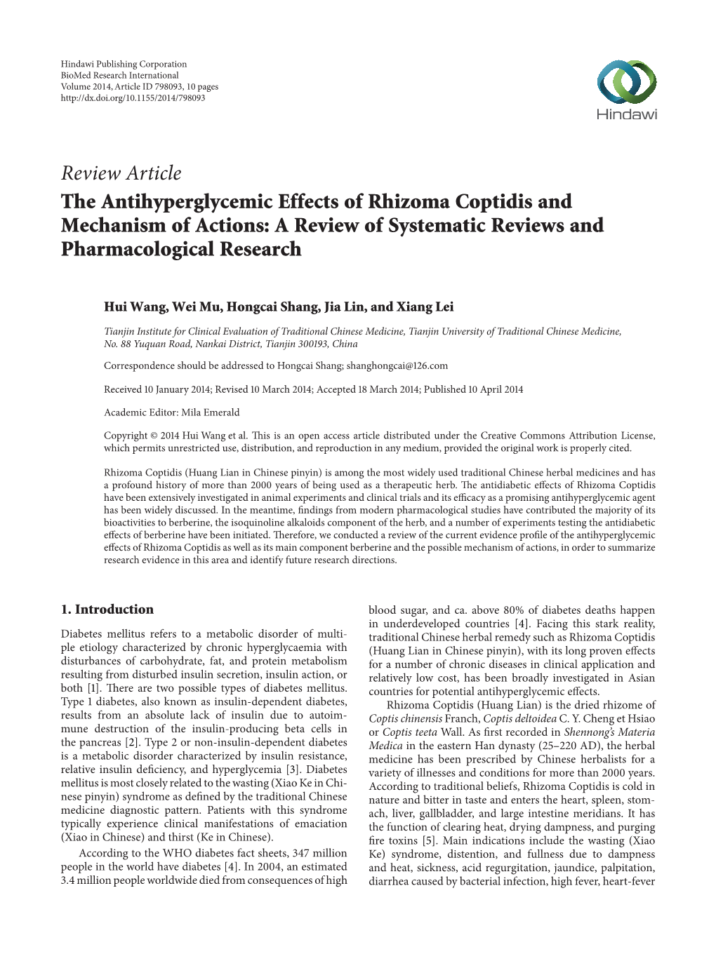 The Antihyperglycemic Effects of Rhizoma Coptidis and Mechanism of Actions: a Review of Systematic Reviews and Pharmacological Research