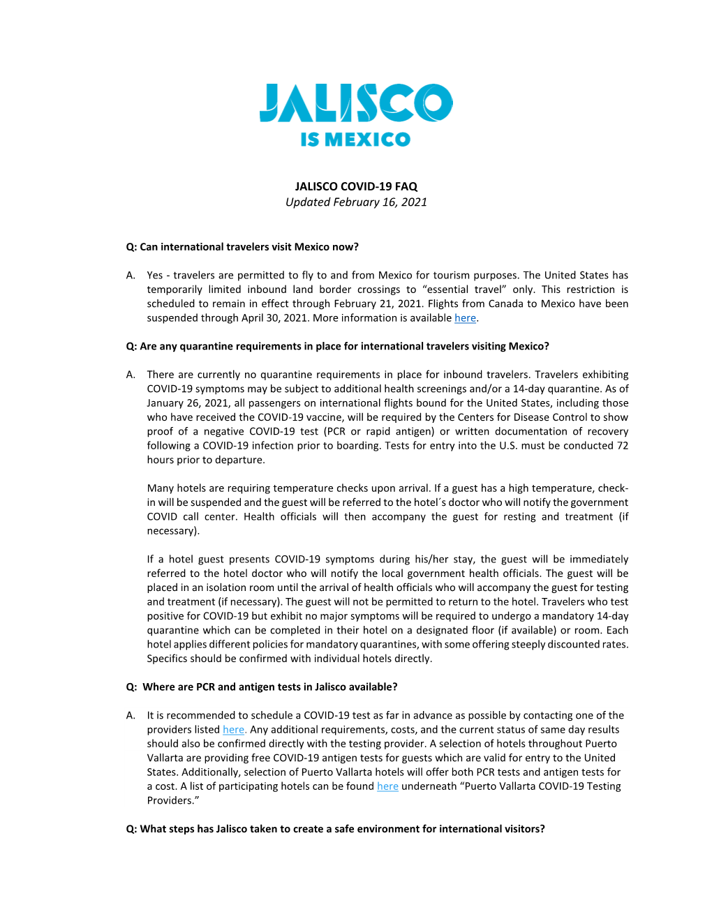 JALISCO COVID-19 FAQ Updated February 16, 2021