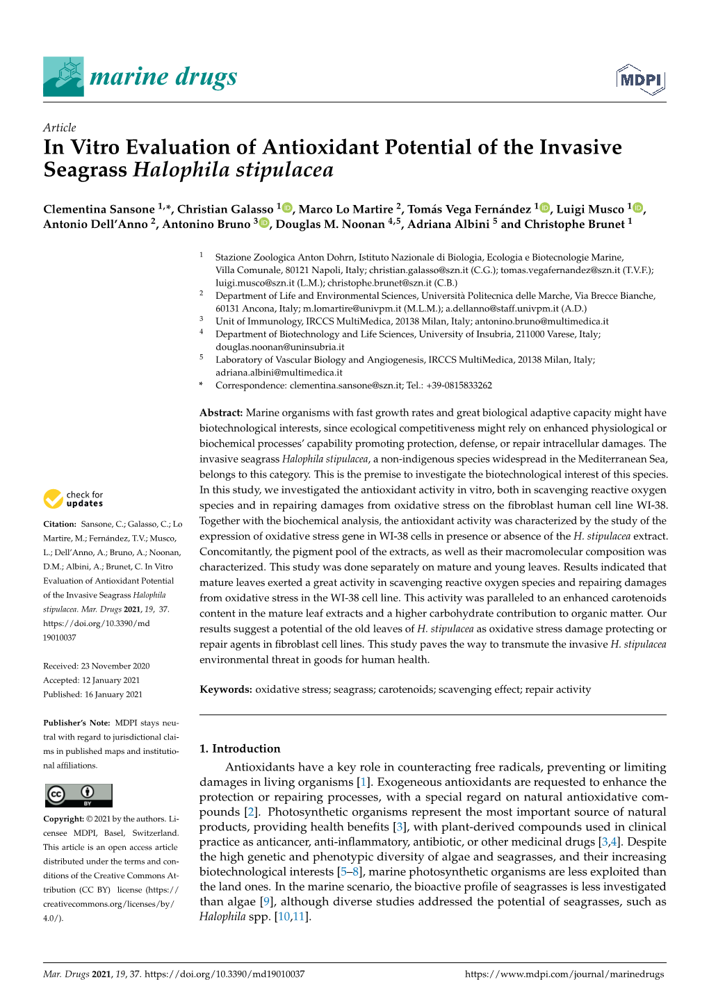 In Vitro Evaluation of Antioxidant Potential of the Invasive Seagrass Halophila Stipulacea