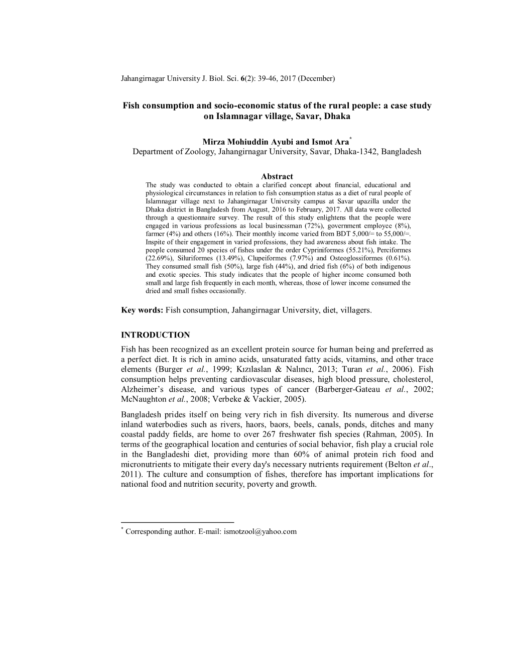 Fish Consumption and Socio-Economic Status of the Rural People: a Case Study on Islamnagar Village, Savar, Dhaka