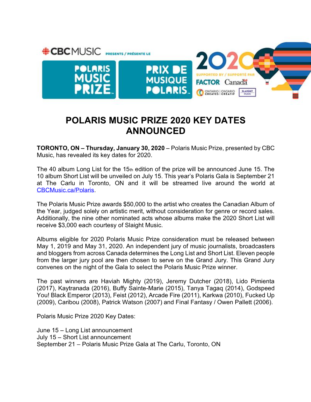 Polaris Music Prize 2020 Key Dates Announced / Le Prix De Musique