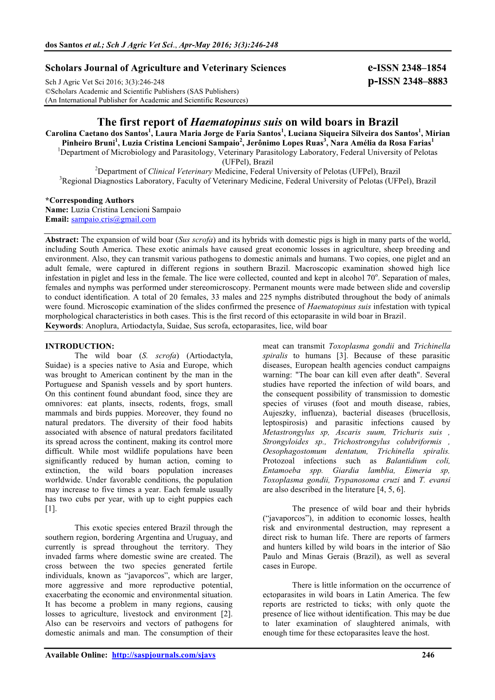 The First Report of Haematopinus Suis on Wild Boars in Brazil