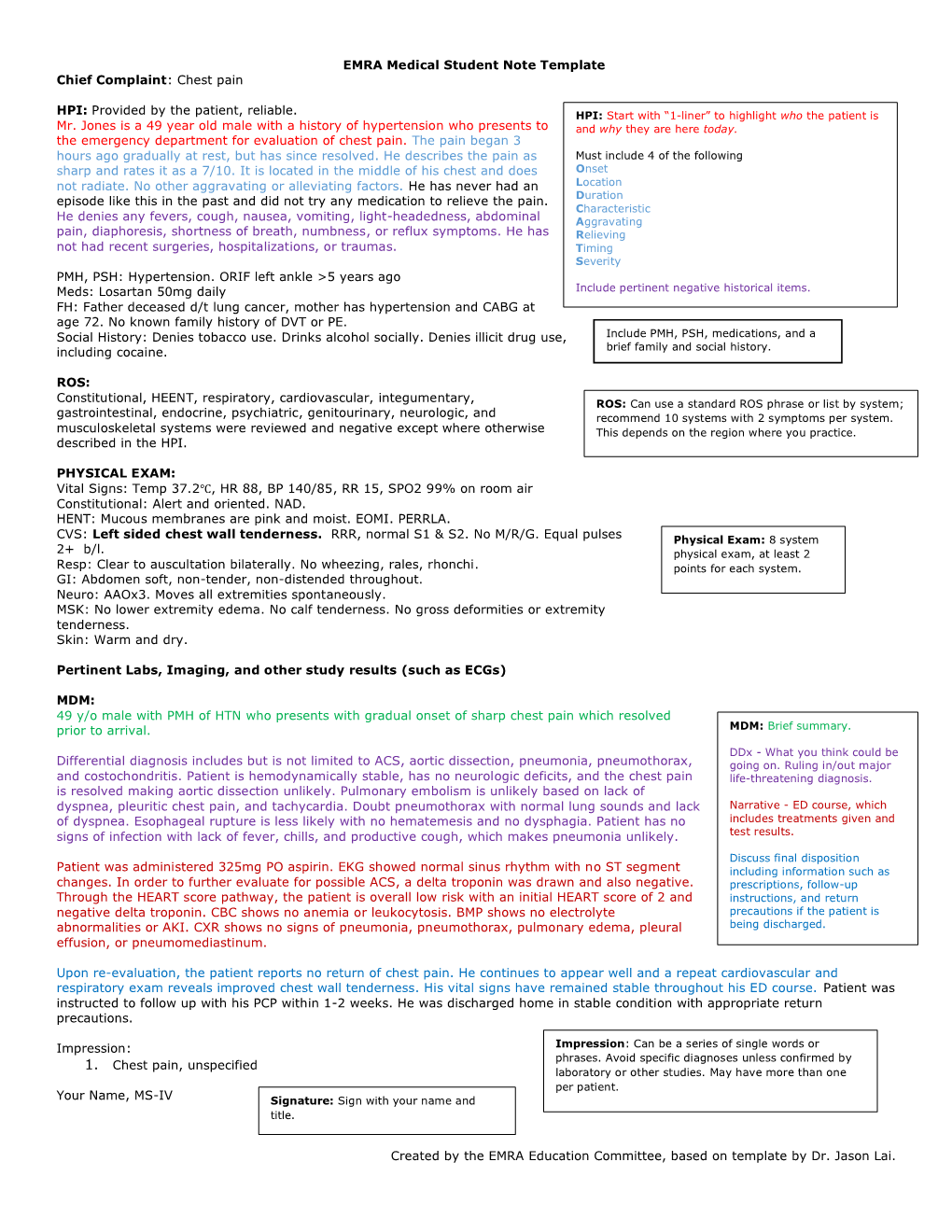 EMRA Medical Student Note Template Chief Complaint: Chest Pain