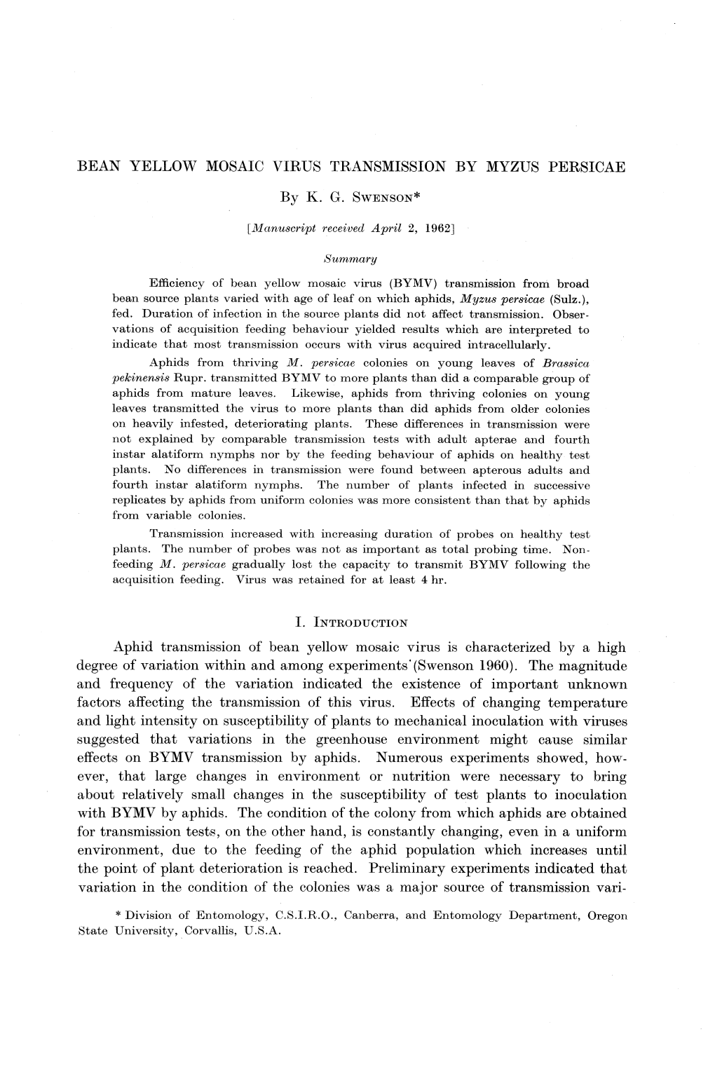 Bean Yellow Mosaic Virus Transmission by Myzus Persicae