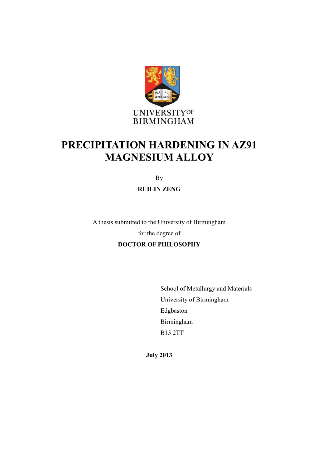 Precipitation Hardening in Az91 Magnesium Alloy