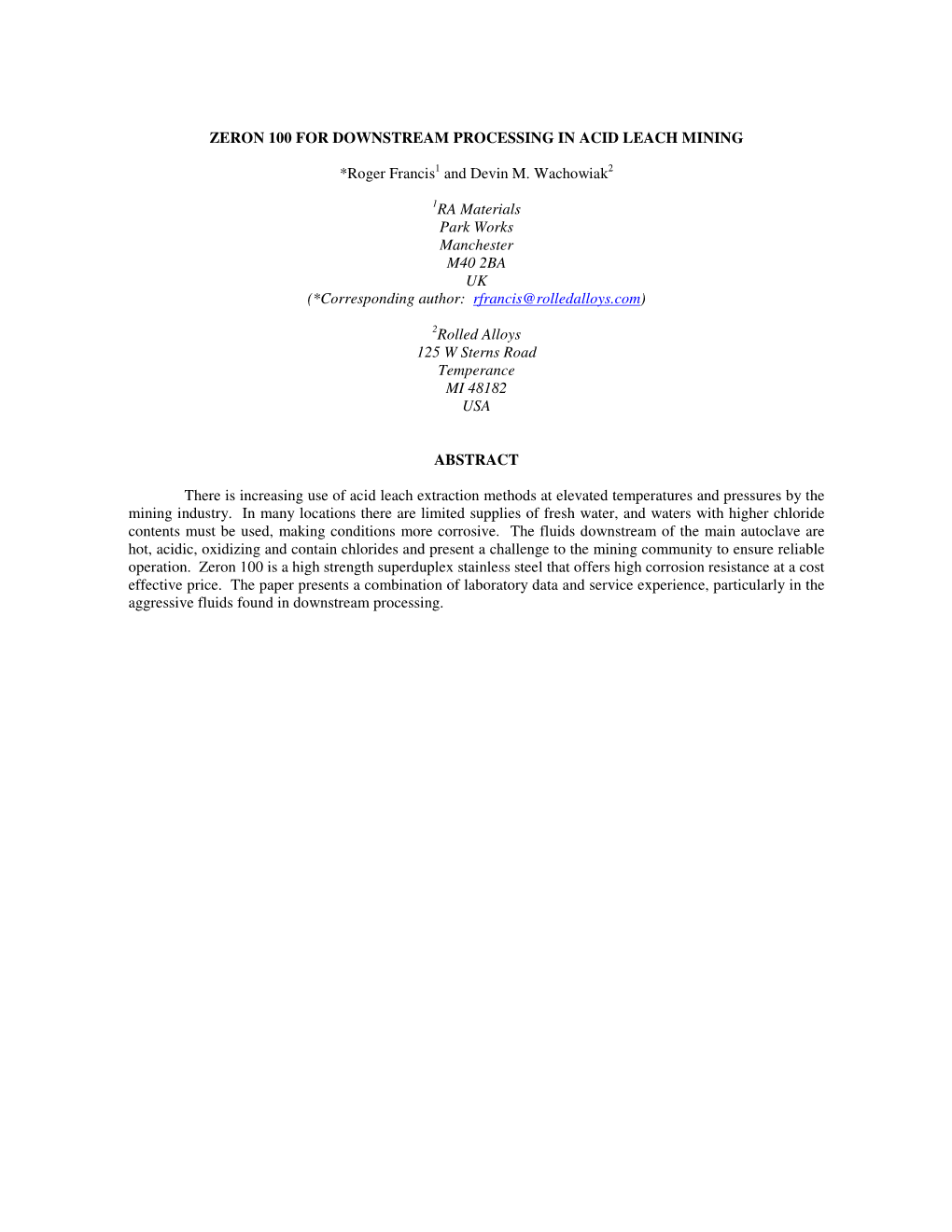 Zeron 100 for Downstream Processing in Acid Leach Mining