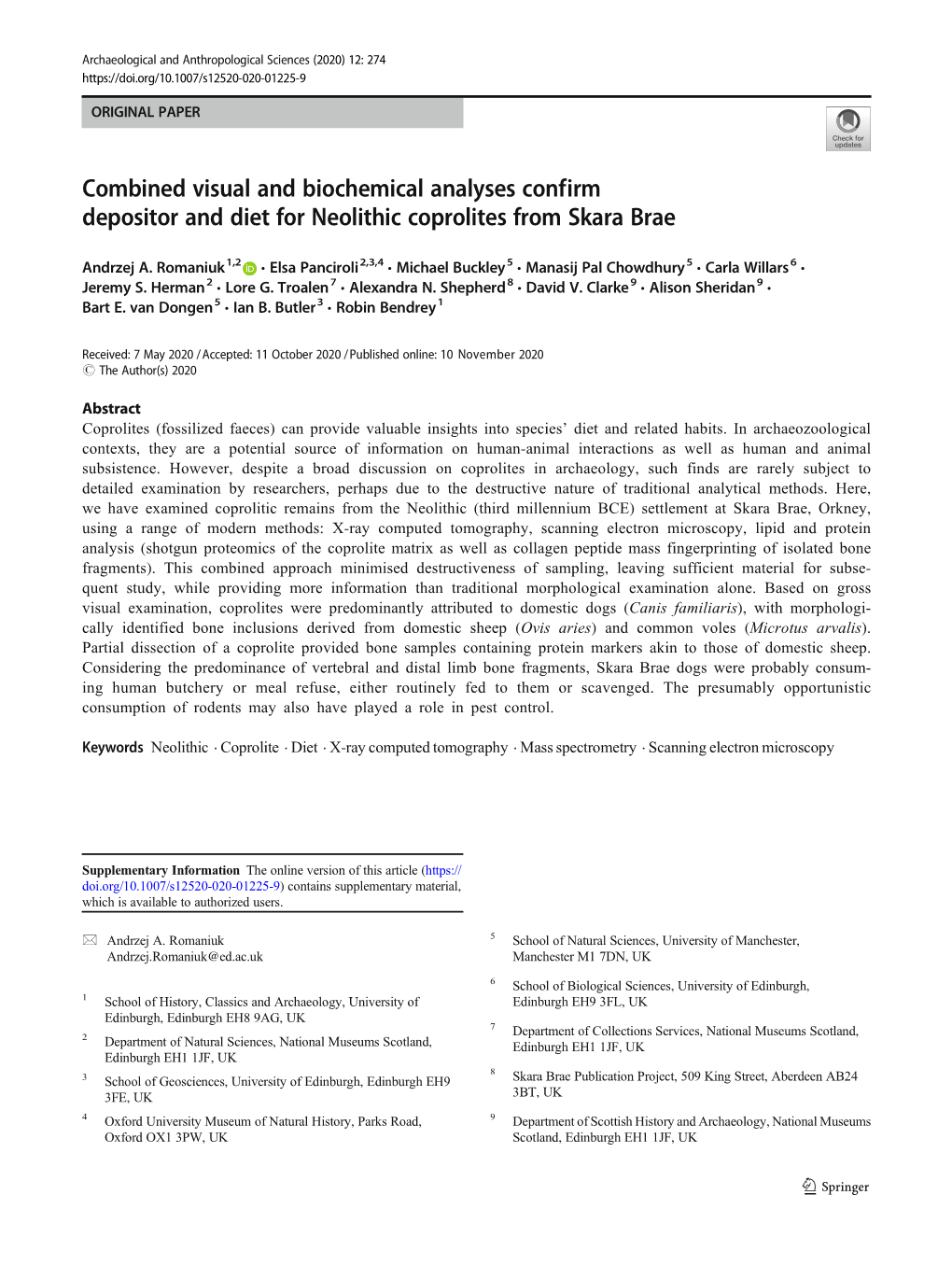 Combined Visual and Biochemical Analyses Confirm Depositor and Diet for Neolithic Coprolites from Skara Brae