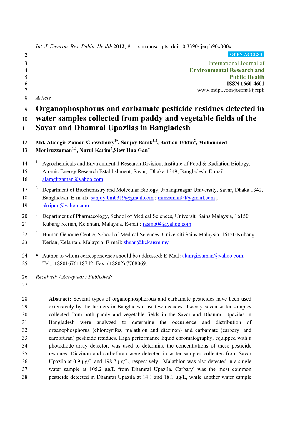 Organophosphorus and Carbamate Pesticide Residues Detected in Water
