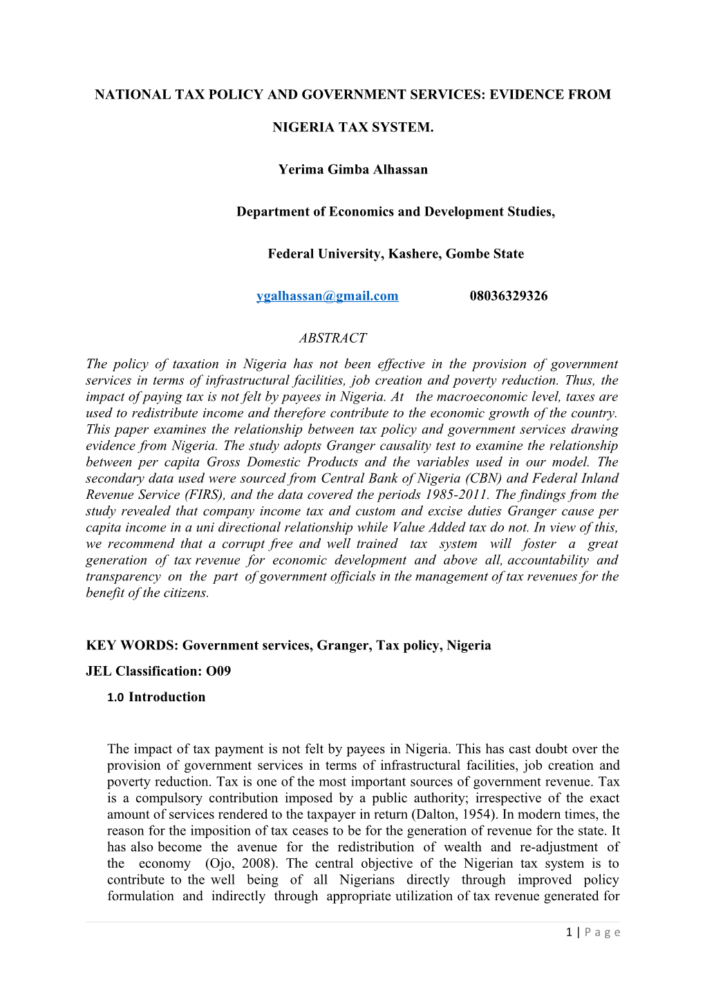 National Tax Policy and Government Services: Evidence from Nigeria Tax System