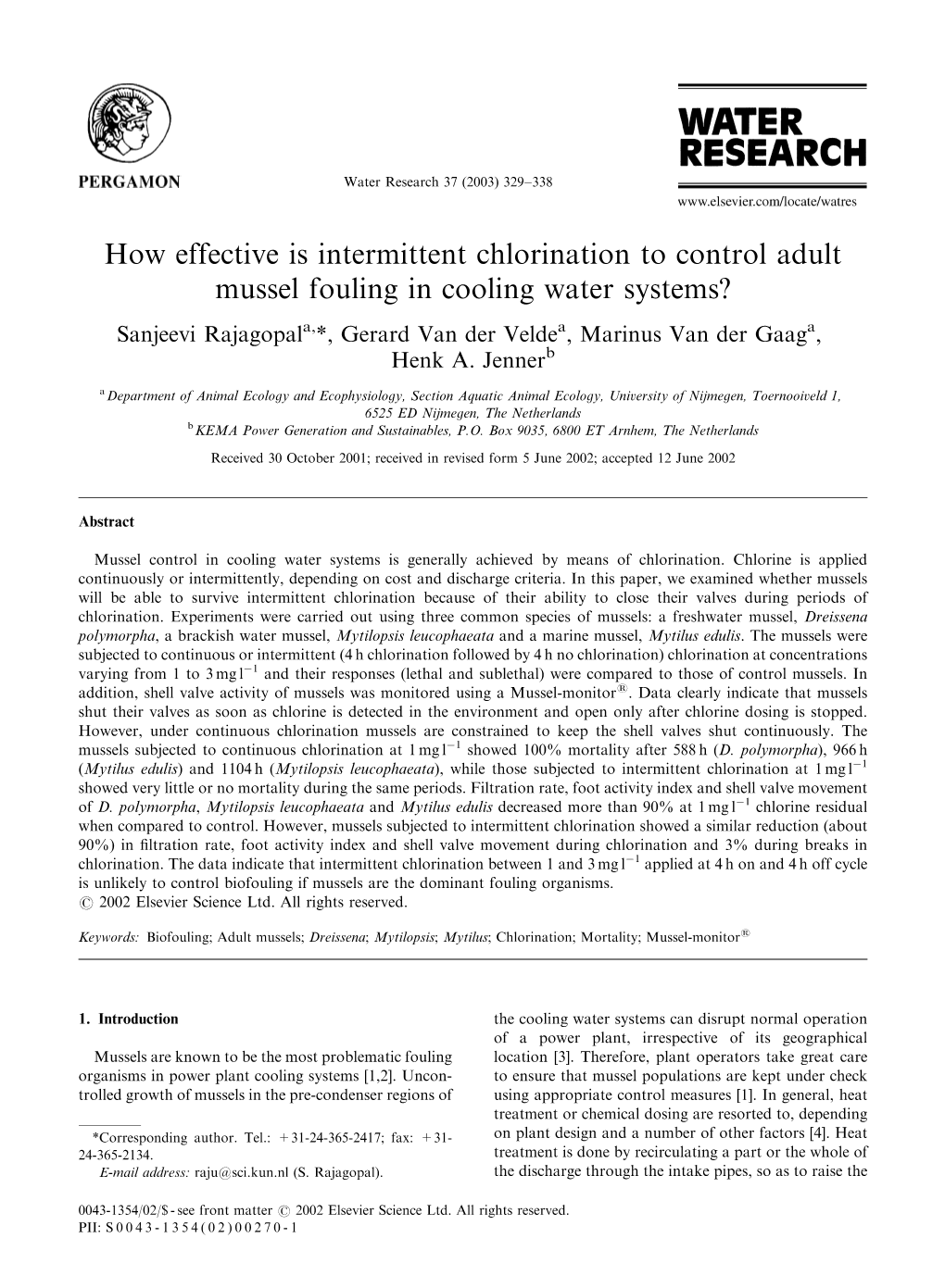 How Effective Is Intermittent Chlorination to Control Adult Mussel