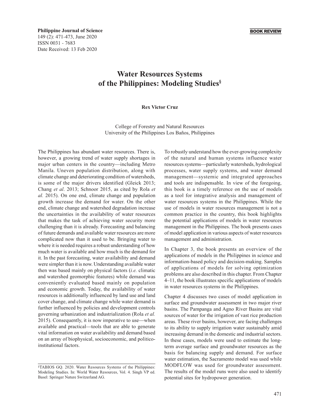 Water Resources Systems of the Philippines: Modeling Studies§