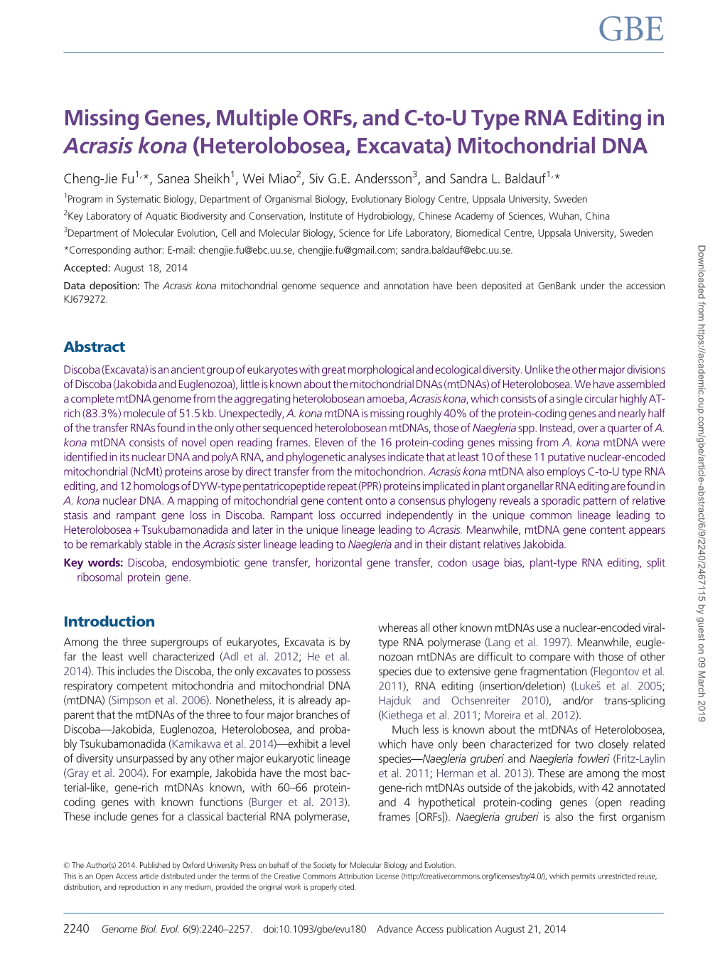 Missing Genes, Multiple Orfs, and C-To-U Type RNA Editing in Acrasis Kona (Heterolobosea, Excavata) Mitochondrial DNA