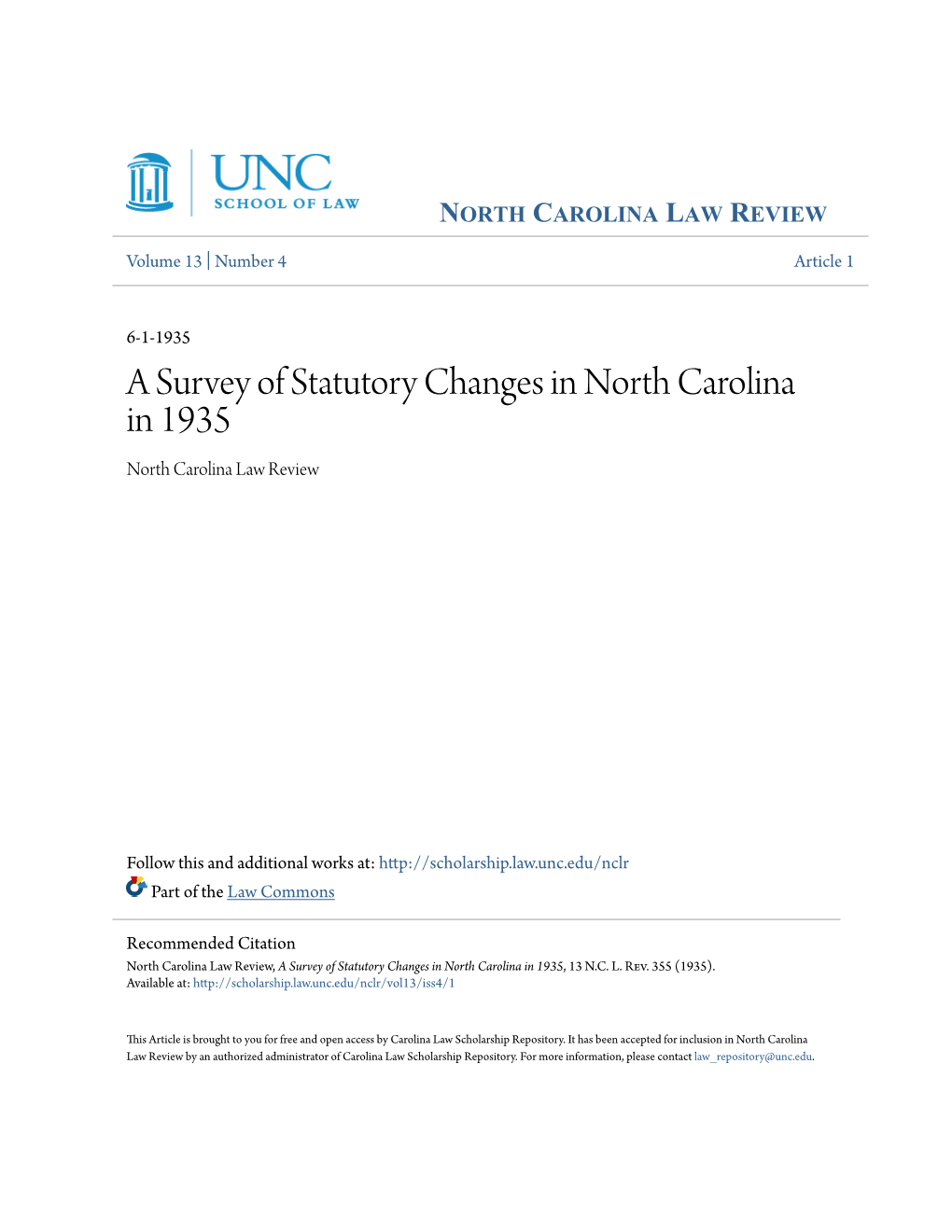 A Survey of Statutory Changes in North Carolina in 1935 North Carolina Law Review