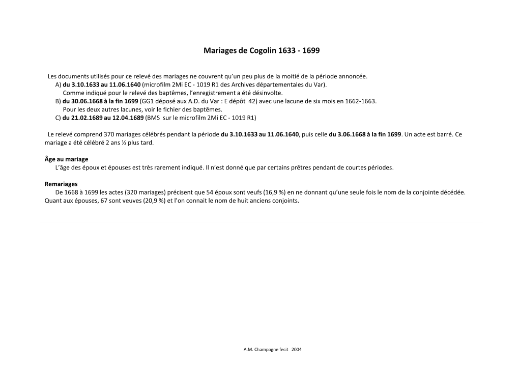 Mariages De Cogolin Par Ordre Alphabétique Des Époux A.M