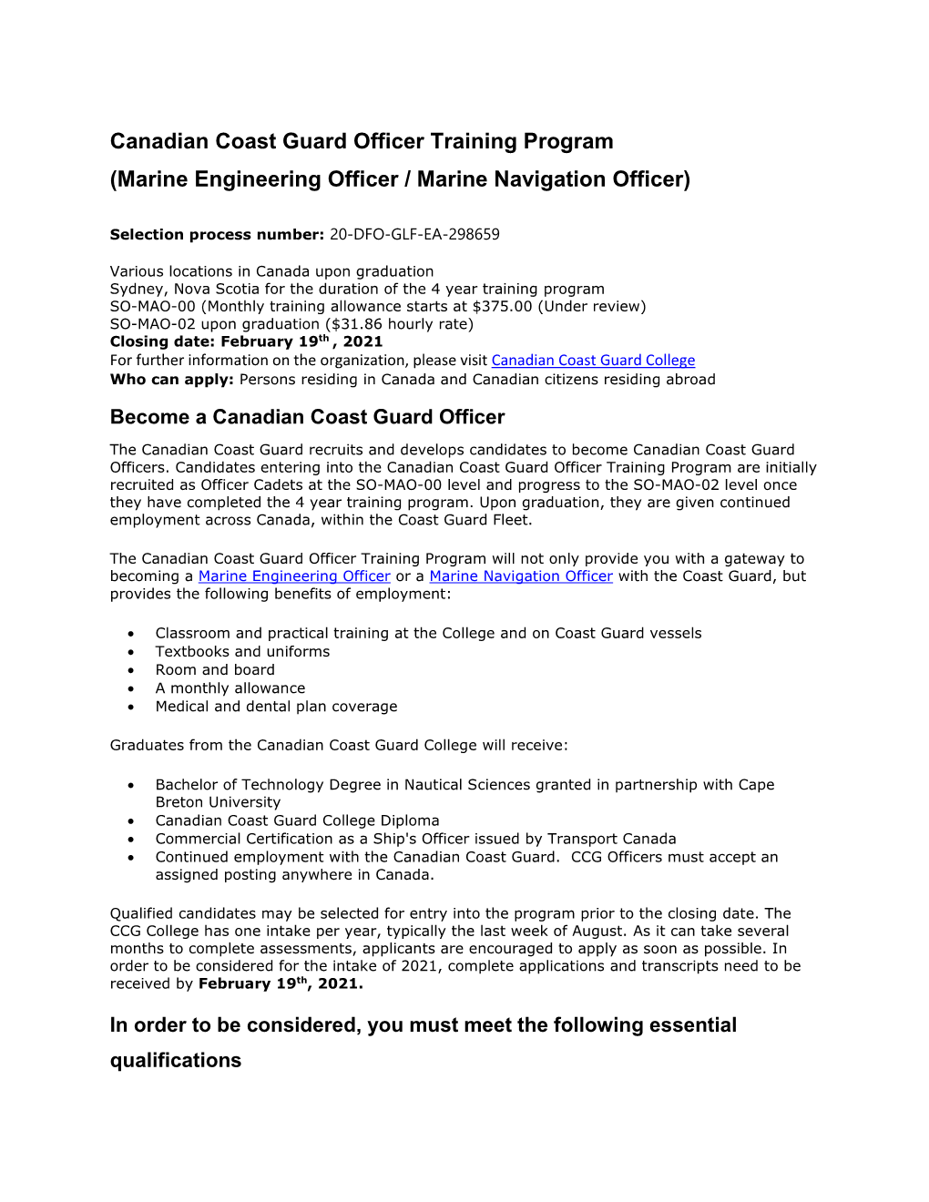 Canadian Coast Guard Officer Training Program (Marine Engineering Officer / Marine Navigation Officer)