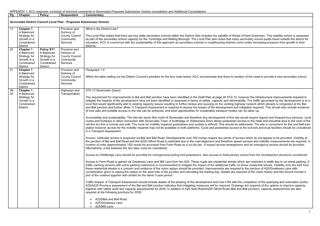 APPENDIX 1: KCC Response: Schedule of Technical Comments to Sevenoaks Proposed Submission Version Consultation and Additional C