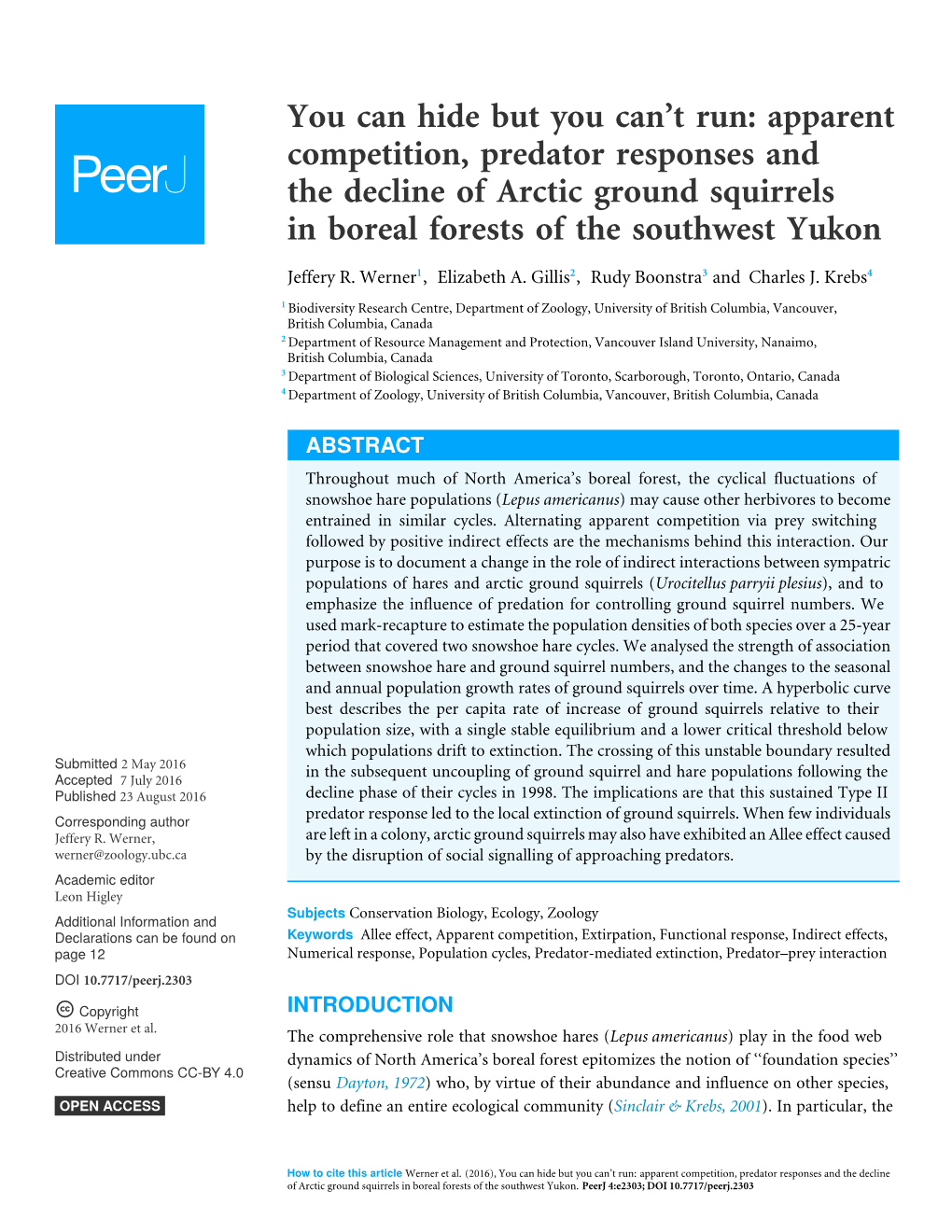 Apparent Competition, Predator Responses and the Decline of Arctic Ground Squirrels in Boreal Forests of the Southwest Yukon