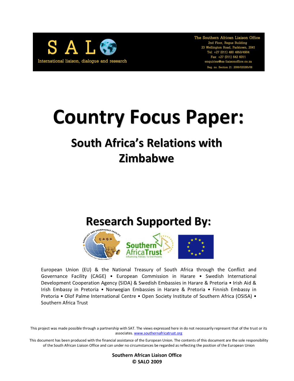 Country Focus Paper: South Africa’S Relationship with Zimbabwe - September 2009 I Preface