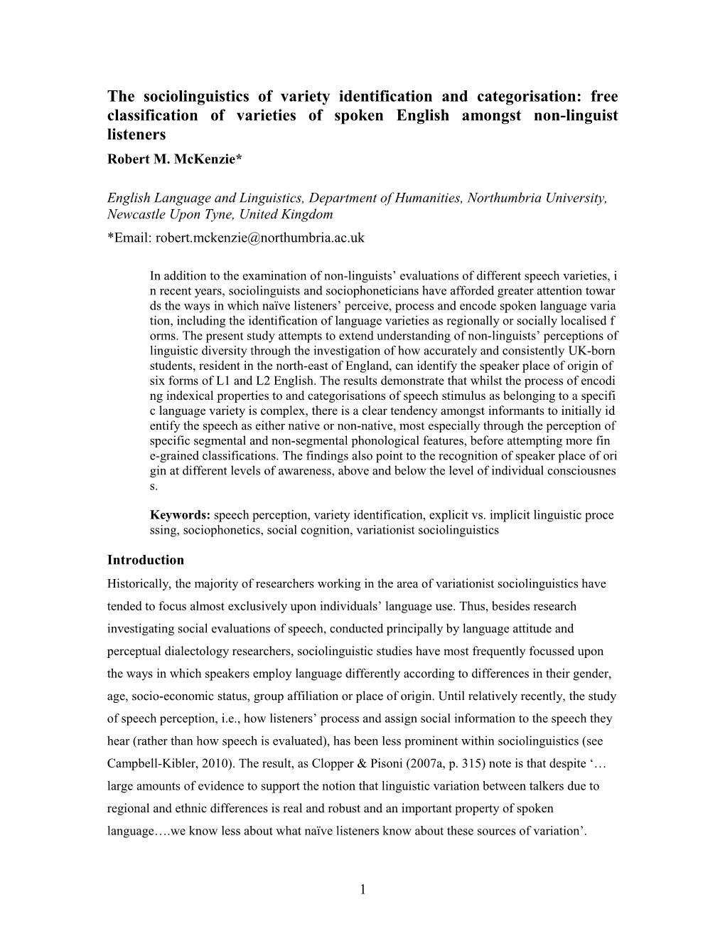 The Sociolinguistics of Variety Identification and Categorisation: Free Classification