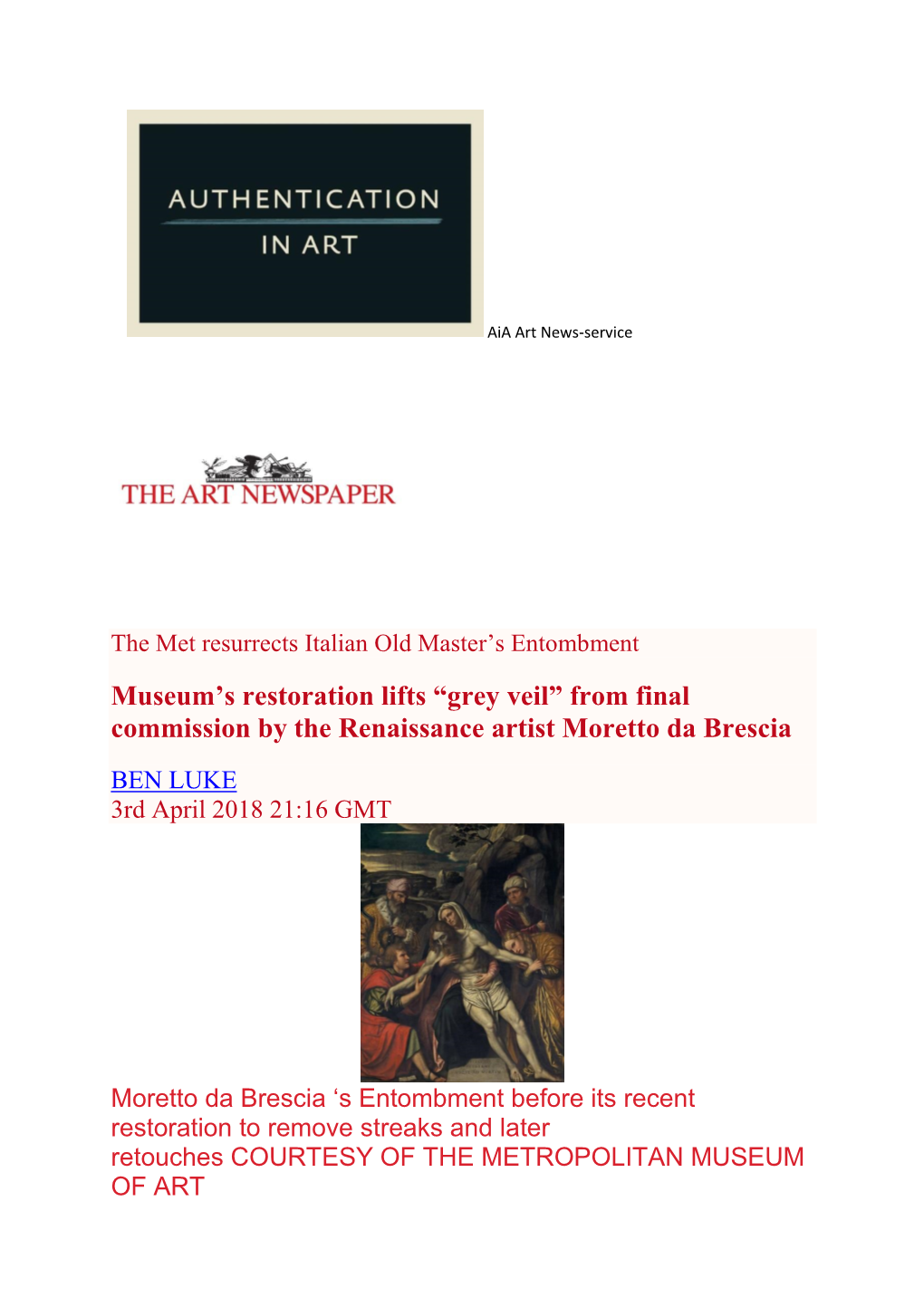 “Grey Veil” from Final Commission by the Renaissance Artist Moretto Da Brescia BEN LUKE 3Rd April 2018 21:16 GMT