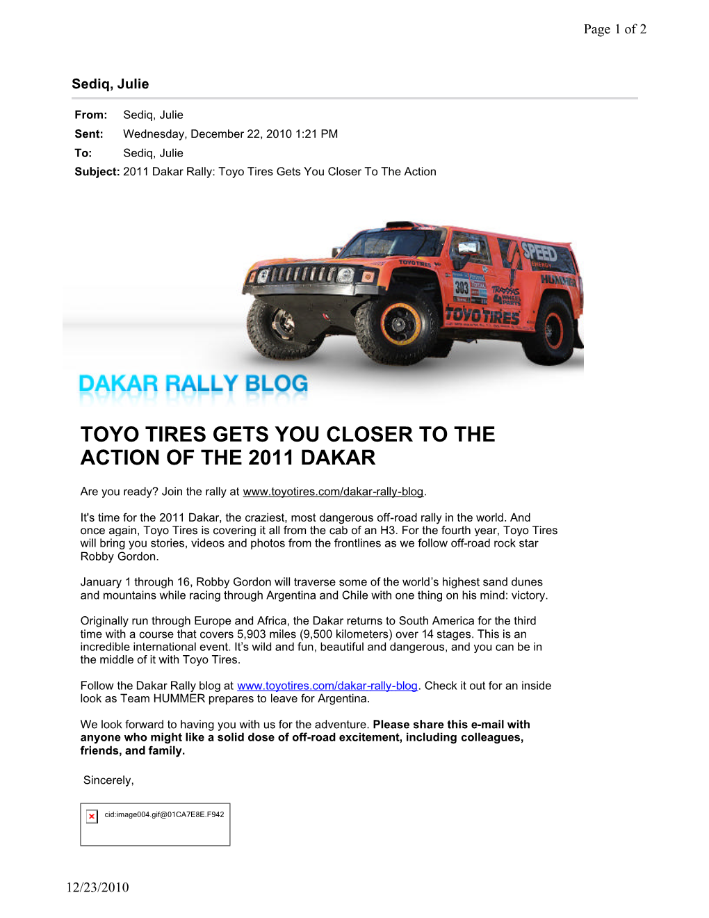 Toyo Tires Gets You Closer to the Action of the 2011 Dakar