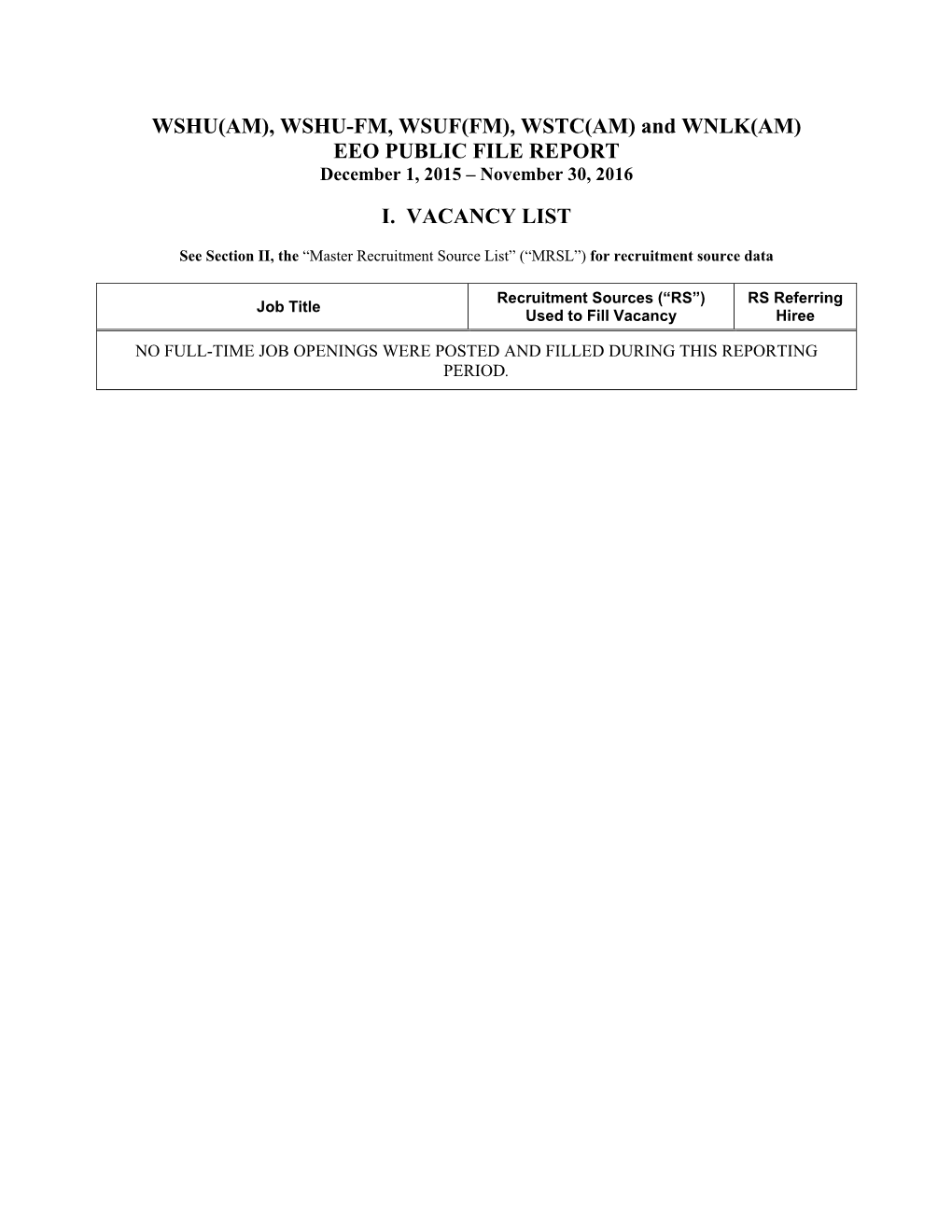 WSHU(AM), WSHU-FM, WSUF(FM), WSTC(AM) and WNLK(AM) EEO PUBLIC FILE REPORT December 1, 2015 – November 30, 2016