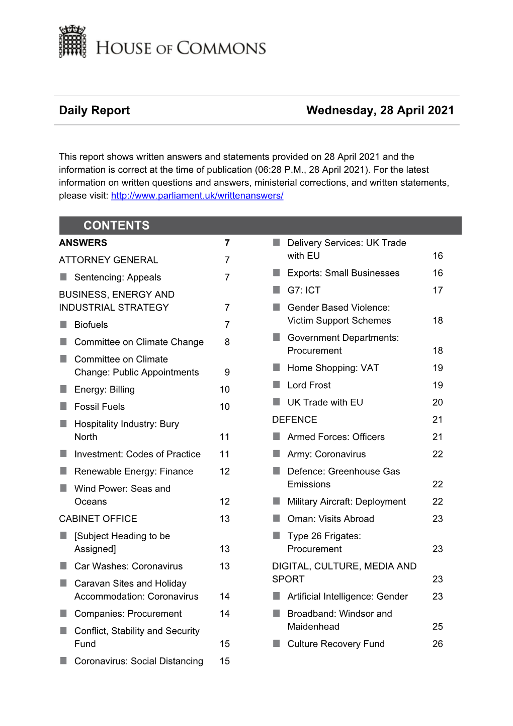 Daily Report Wednesday, 28 April 2021 CONTENTS