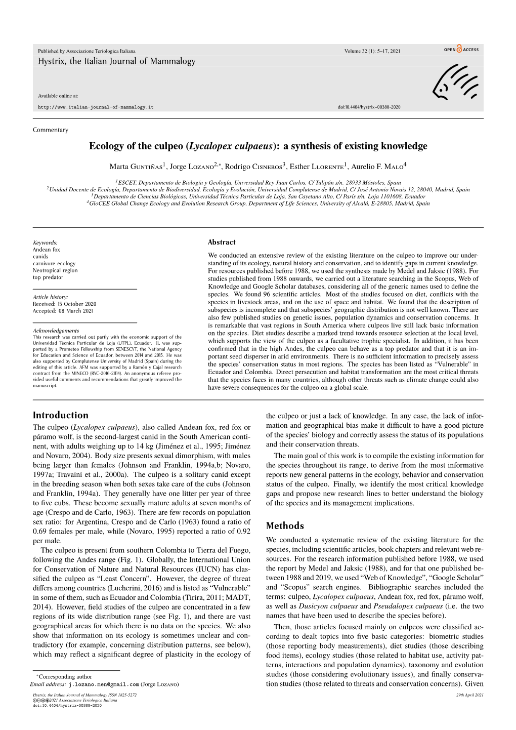 Ecology of the Culpeo (Lycalopex Culpaeus): a Synthesis of Existing Knowledge