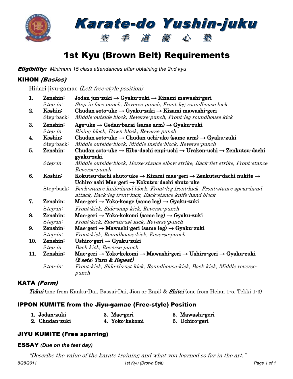 1St Kyu (Brown Belt) Requirements