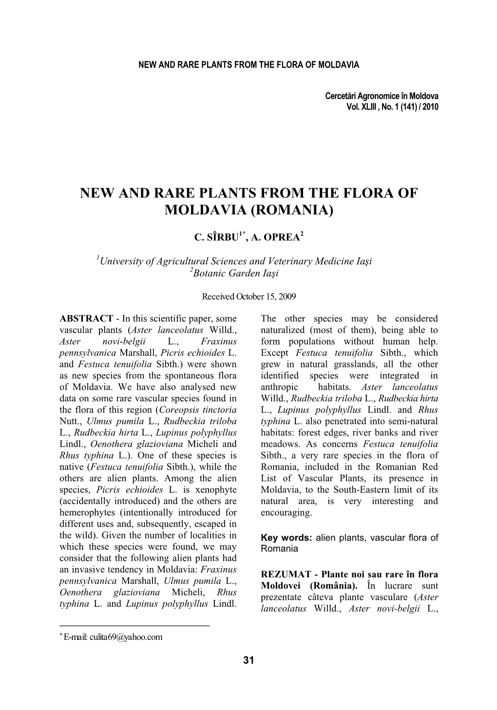 New and Rare Plants from the Flora of Moldavia (Romania)