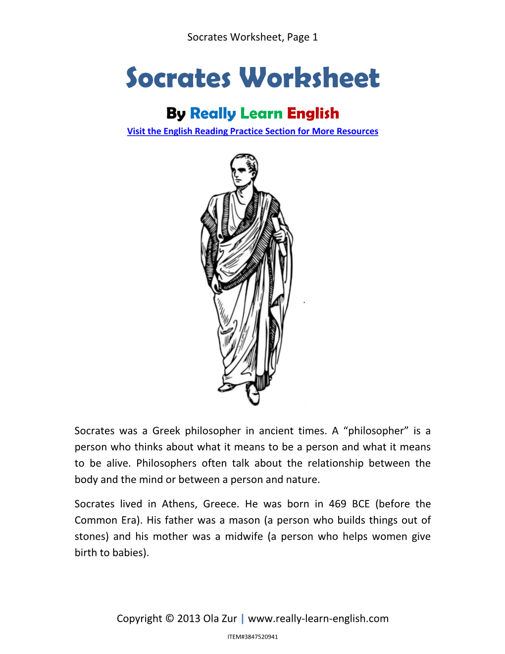 Socrates Worksheet, Page 1 Socrates Worksheet by Really Learn English Visit the English Reading Practice Section for More Resources