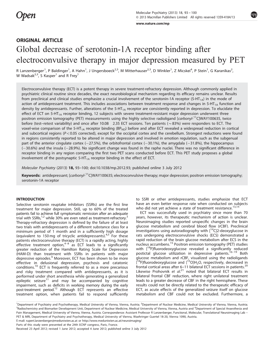 Global Decrease of Serotonin-1A Receptor Binding After Electroconvulsive Therapy in Major Depression Measured by PET