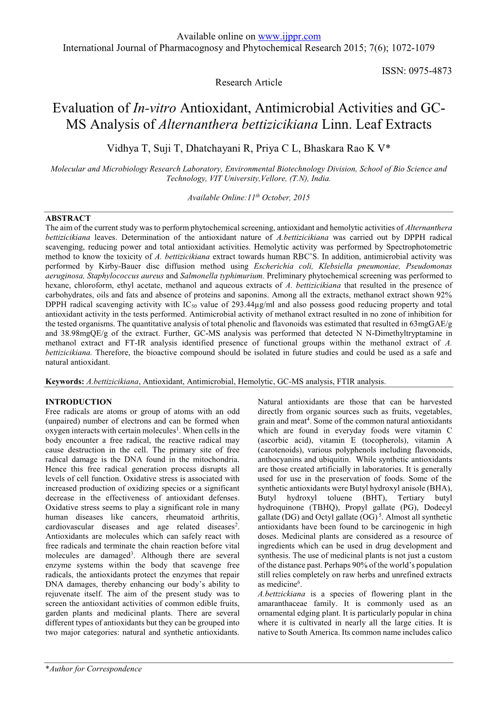 Evaluation of In-Vitro Antioxidant, Antimicrobial Activities and GC- MS Analysis of Alternanthera Bettizicikiana Linn