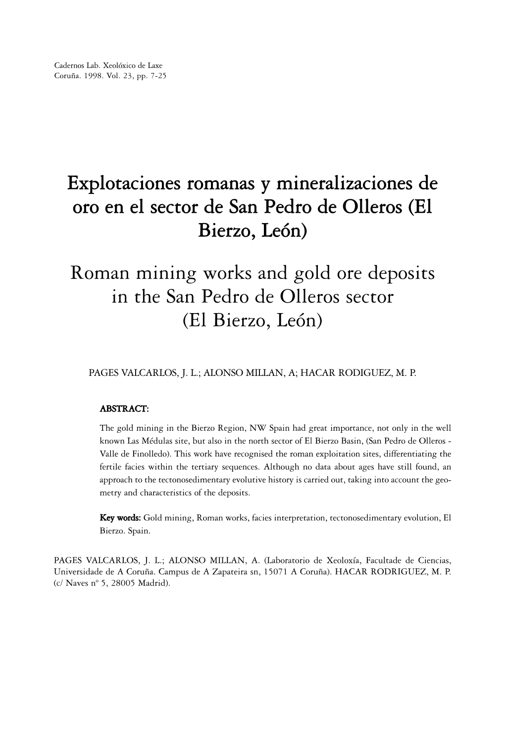 El Bierzo, León) Roman Mining Works and Gold Ore Deposits in the San Pedro De Olleros Sector (El Bierzo, León)