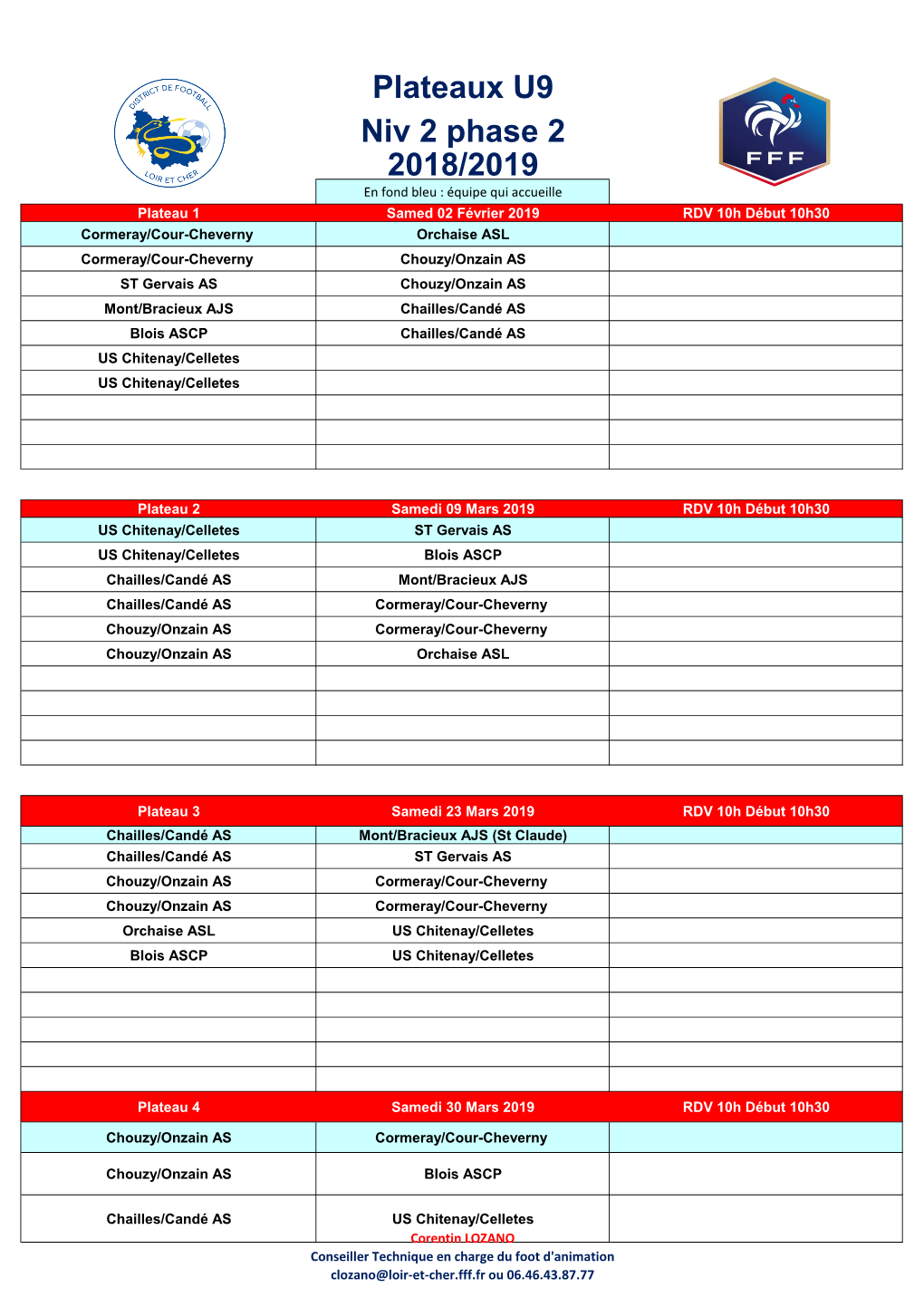 2018/2019 Plateaux U9 Niv 2 Phase 2