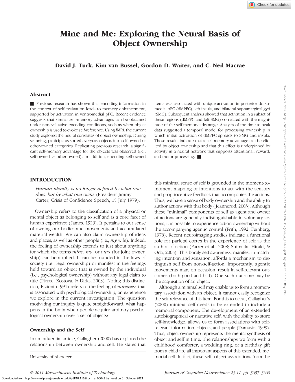 Mine and Me: Exploring the Neural Basis of Object Ownership